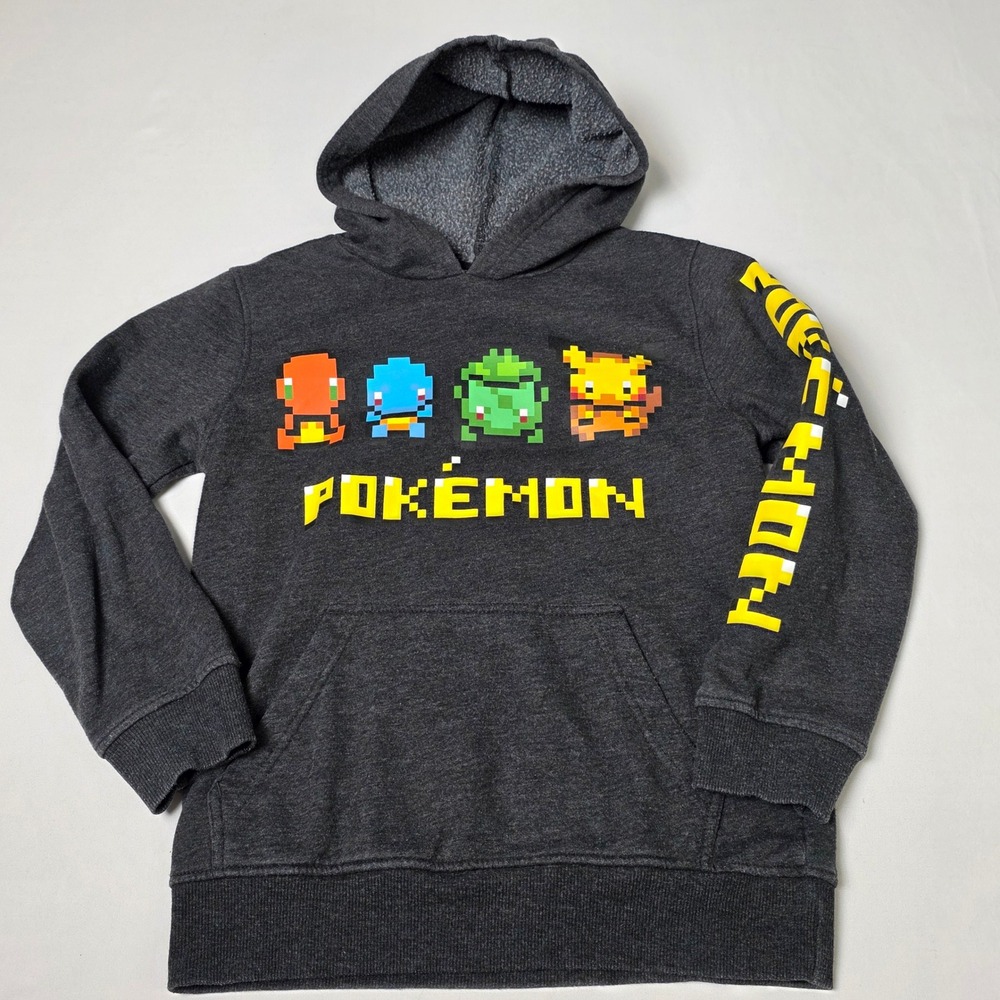 Pokemon Hoodie Boys Small Gray 8-Bit Pixel Art Pikachu Starters Pullover